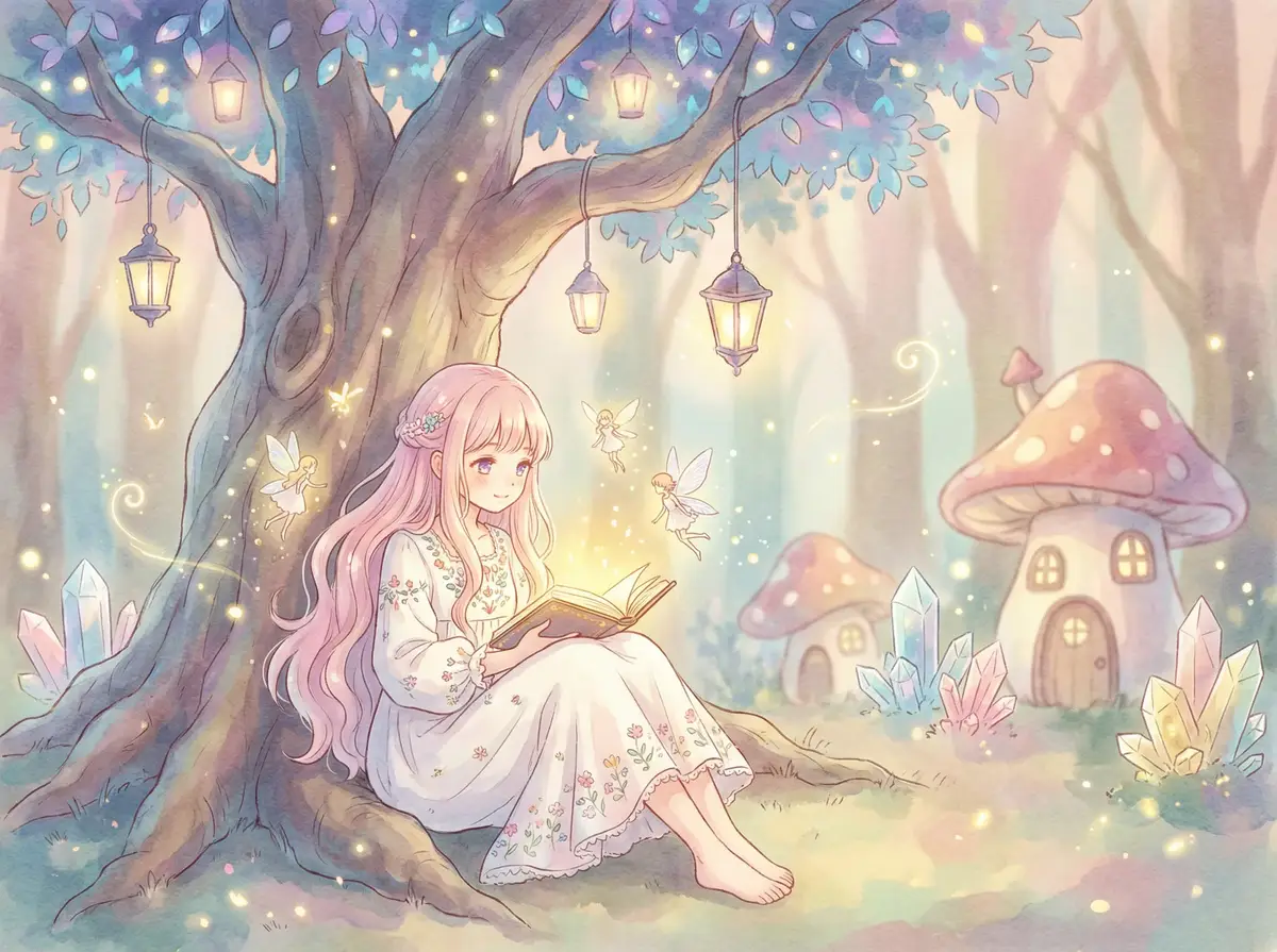 李宗瑞快播种子 - 魔法森林中阅读故事书的粉发少女与精灵